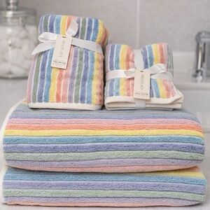 Rachel Zoe Pastel Rainbow Stripe 8-Piece Towel Set 100% Cotton NWT Retro Cool